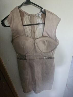 Charlotte Russe Faux Suede Lace Bodycon Mini Dress Taupe Nude Size Large NWT